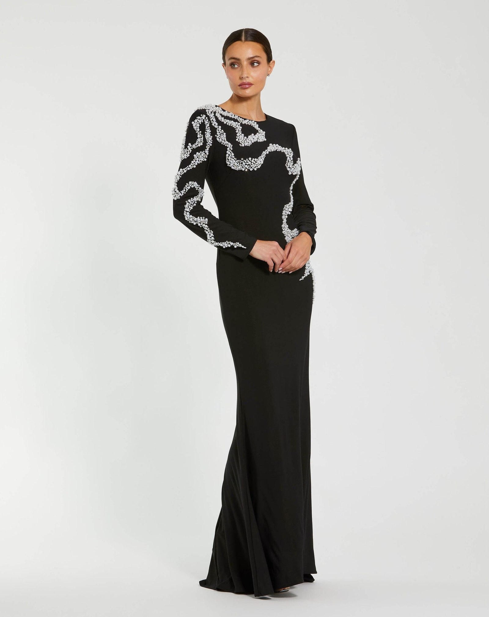 Petite Black Jersey Evening Gown With Beaded Swirl Detail