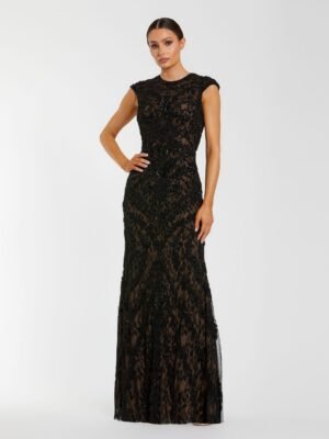 Petite Black Embellished Lace Cap Sleeve Evening Gown