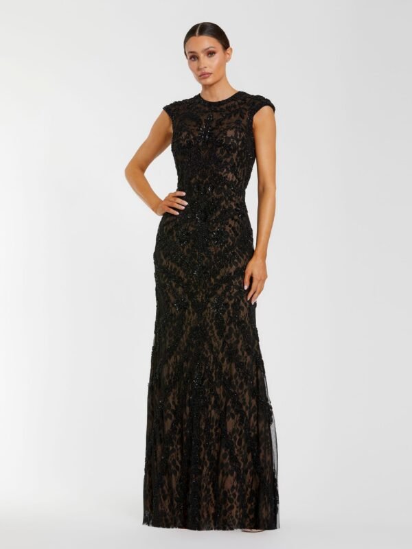 Petite Black Embellished Lace Cap Sleeve Evening Gown
