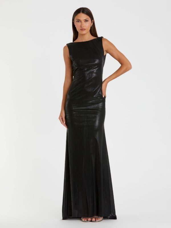 Petite Black Metallic Jersey Cowl Back Column Gown