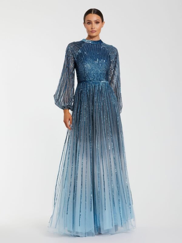 Petite Blue Ombr Sequin Long Sleeve A-Line Evening Dress