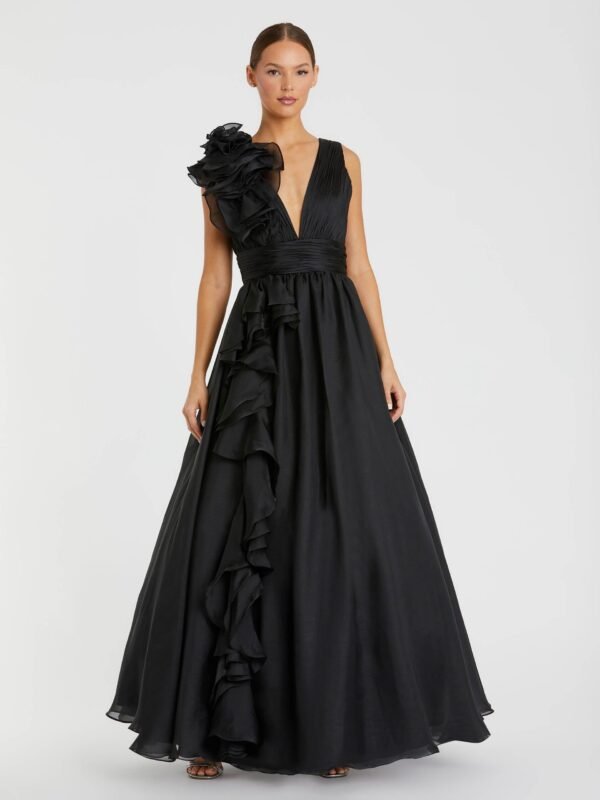 Petite Black Ruffle Shoulder V-Neck Chiffon Gown