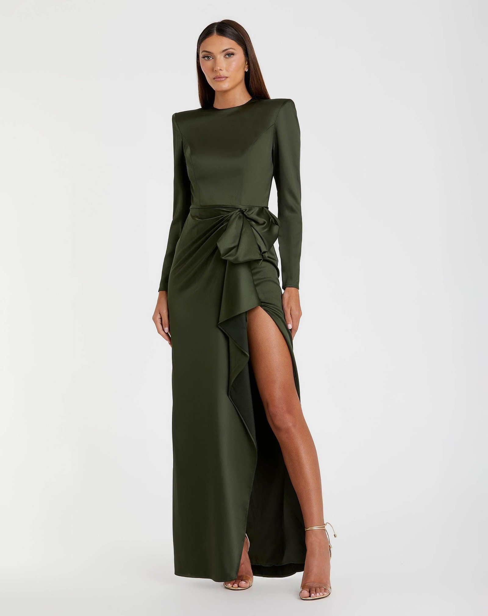 Petite Green Long Sleeve Satin Structured Bow Draped Column Gown
