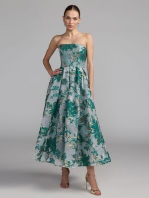 Teal Strapless Brocade Midi Dress with Pockets