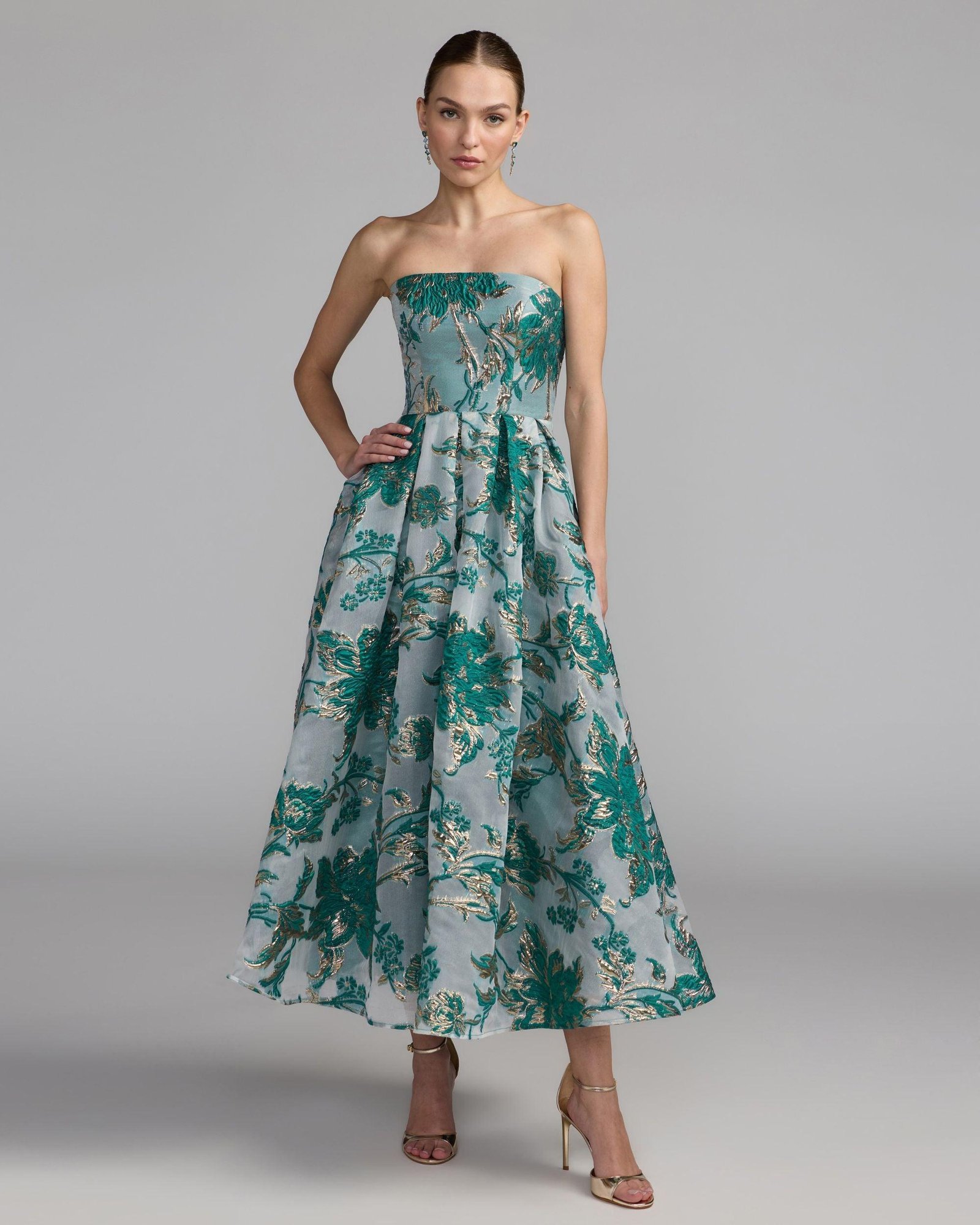Teal Strapless Brocade Midi Dress with Pockets