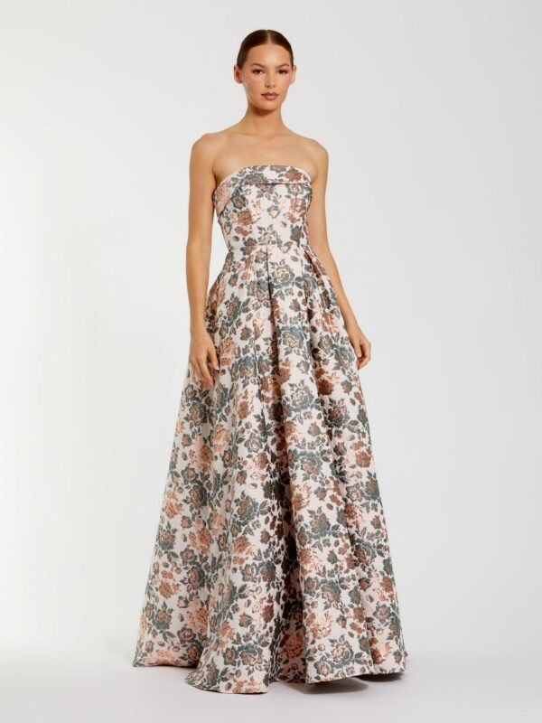 Petite Multicolor Strapless Floral Brocade Ball Gown