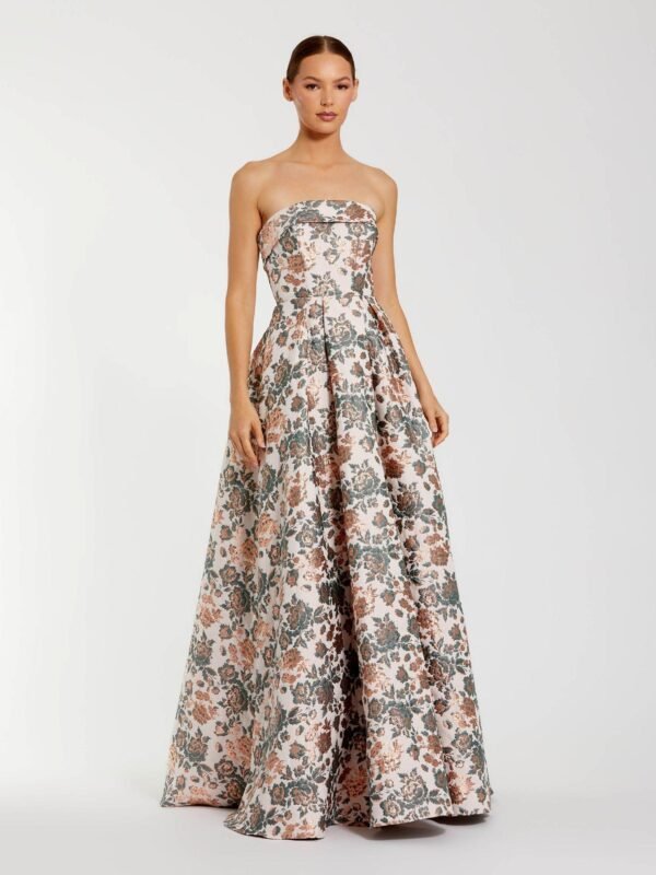 Multicolor Strapless Floral Brocade Ball Gown