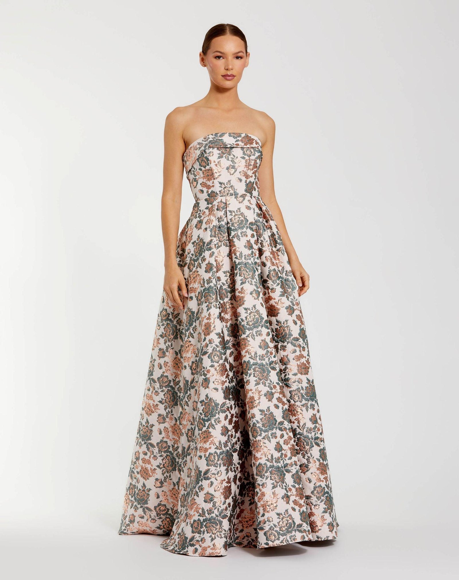 Multicolor Strapless Floral Brocade Ball Gown