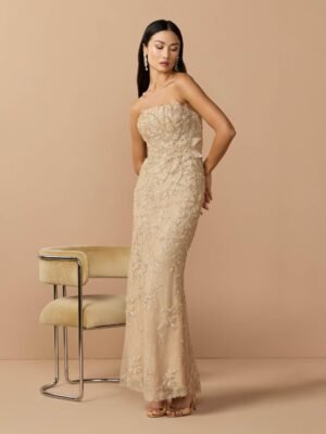 Petite Beige Strapless Embellished Lace Gown with 3D Flower
