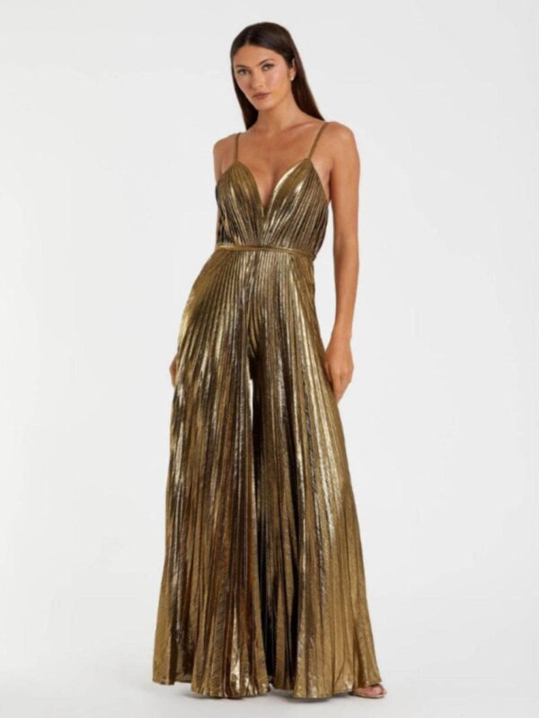 Petite Gold Metallic Pleated V-Neck Jumpsuit