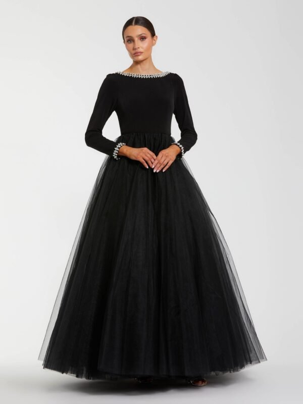 Petite Black Long Sleeve Tulle Ball Gown