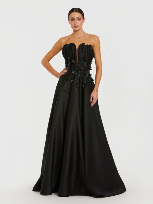 Petite Black Strapless Satin Floral Embellished Ball Gown