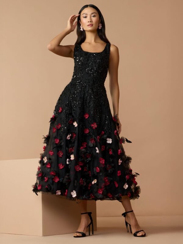 Petite Black Sleeveless Beaded Midi Dress With 3D Flowers