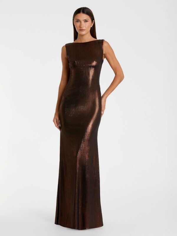 Petite Brown Metallic Jersey Cowl Back Column Gown