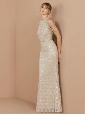 Petite Ivory Draped Pearl Embellished Column Gown