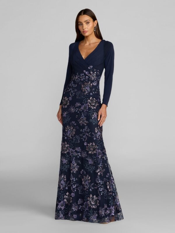 Petite Navy Floral Embroidered Jersey Long Sleeve Gown