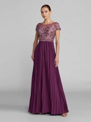 Purple Embroidered Cap Sleeve Pleated Gown