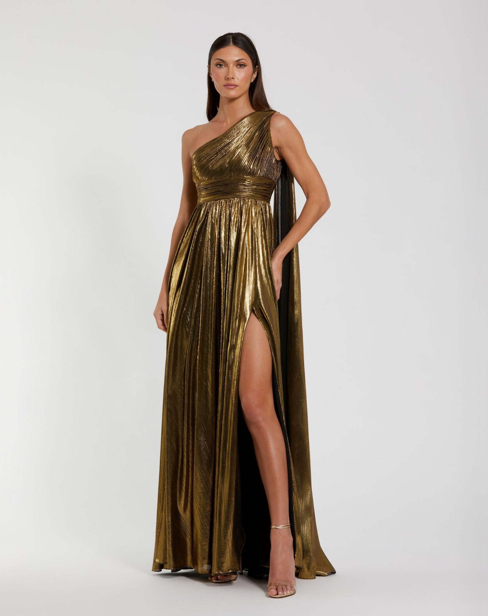 Petite Gold Metallic One Shoulder Gown With Slit
