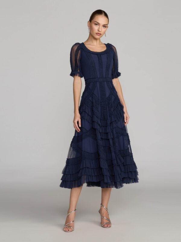 Petite Navy Short Sleeve Micro Ruffle Midi Dress