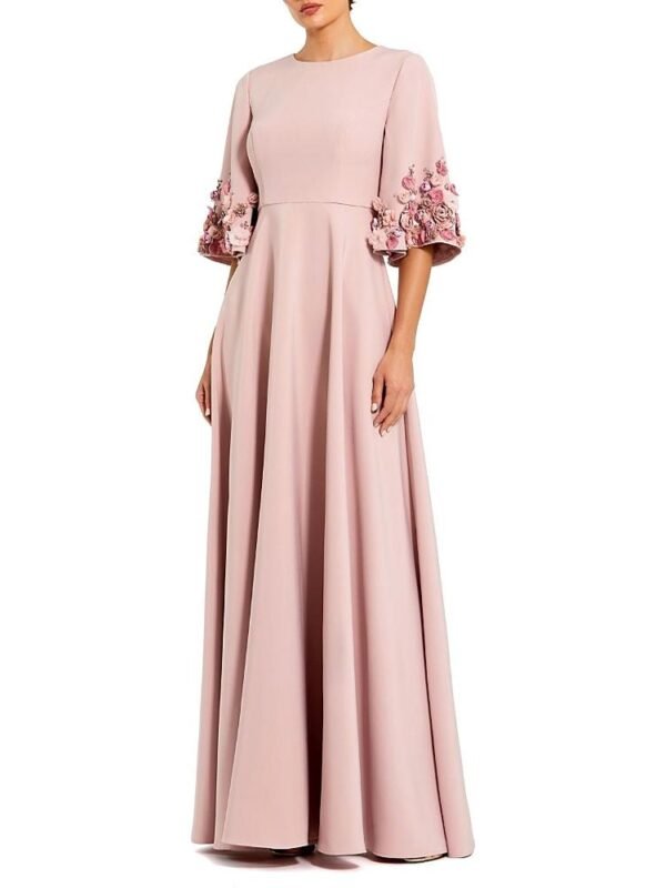 Mac Duggal Petite Crepe 3/4 Sleeve A-line Gown With Flower Trim