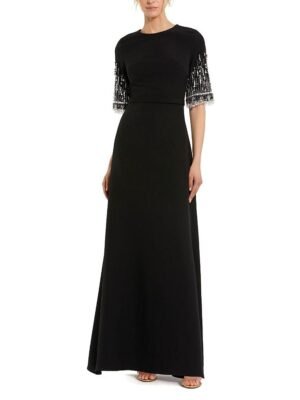 Mac Duggal Petite Black Crepe A Line Gown With Beaded 3/4 Sleeves