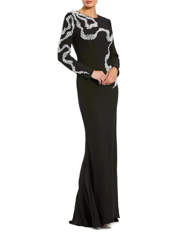 Mac Duggal Petite Jersey Evening Gown With Beaded Swirl Detail