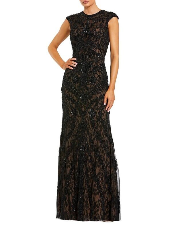 Mac Duggal Petite Beaded Lace Mesh High-Neck Sleeveless Column Gown
