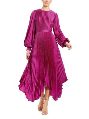 Mac Duggal Petite Long Sleeve Pleated Charmeuse Handkerchief Dress