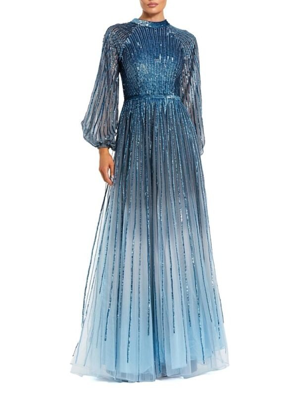 Mac Duggal Petite Ombre Beaded Bishop Sleeve A-Line Gown