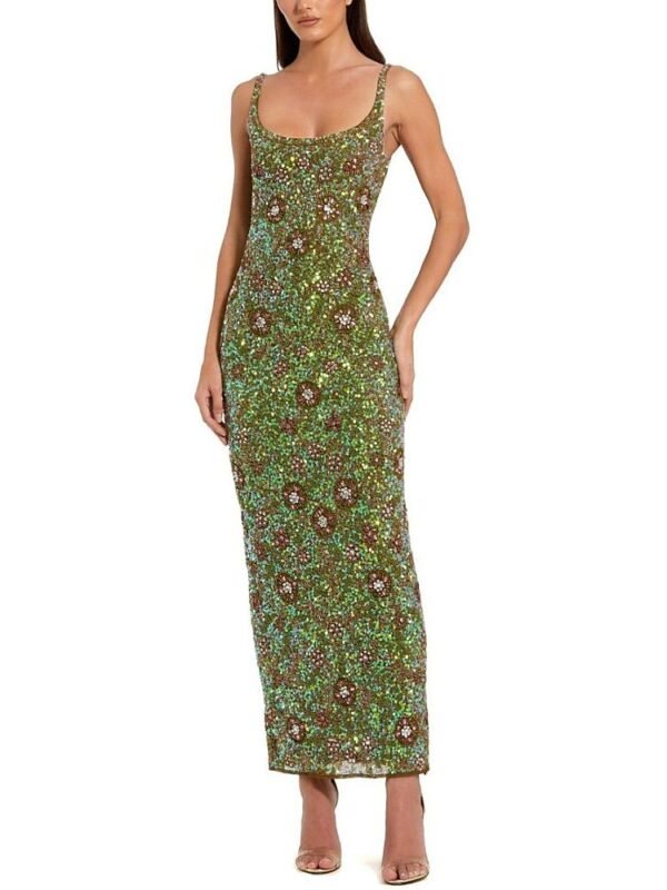 Mac Duggal Petite Beaded Mesh Sleeveless Scoop Neck Ankle Dress