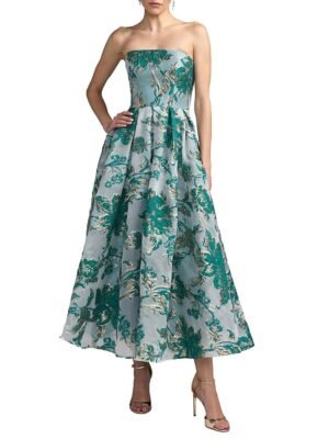Mac Duggal Petite Gold Strapless Brocade Midi Dress with Pockets