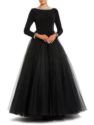 Mac Duggal Petite Embellished Jersey Long Sleeve Ballgown With Tulle Skirt