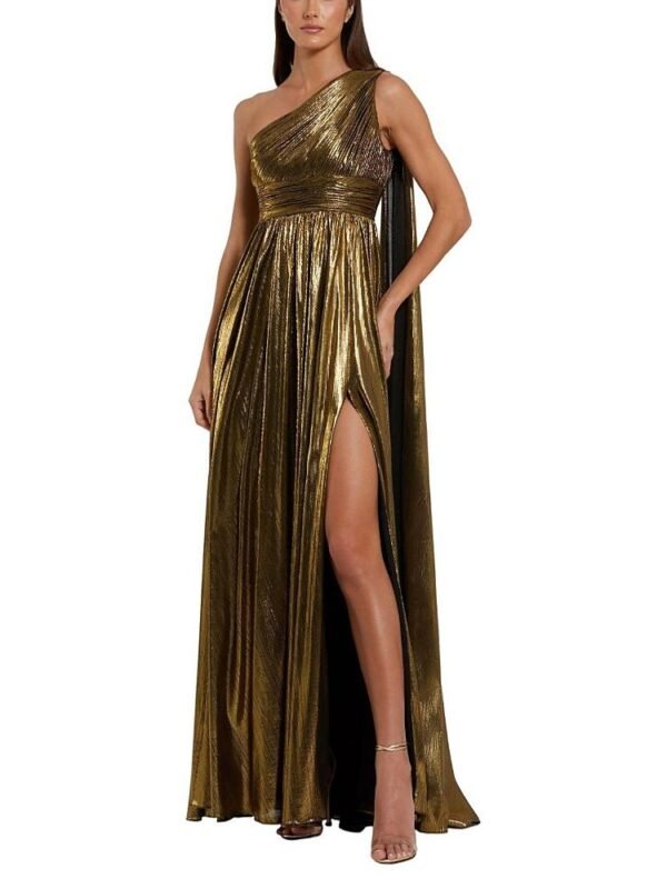 Mac Duggal Petite Metallic One Shoulder Gown With Slit