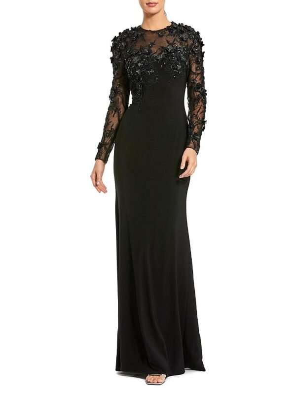 Mac Duggal Petite Long Sleeve Floral Embellished Column Gown