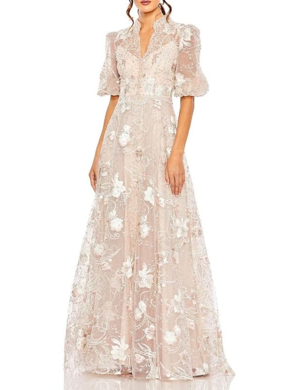 Mac Duggal Petite Pink Queen Anne Puff Sleeve A-Line Gown