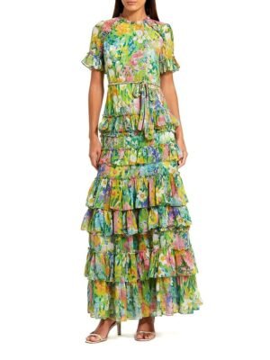 Mac Duggal Petite Green Ruffle Tiered Chiffon Floral Dress