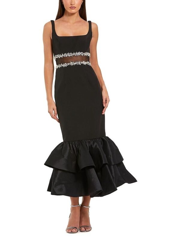 Mac Duggal Petite Crepe Midi Dress with Jewel Detail & Ruffle Hem