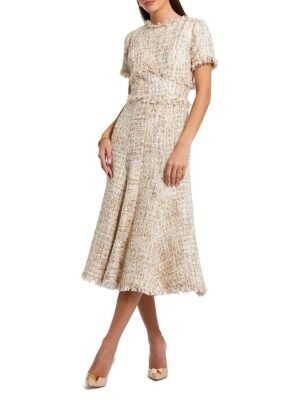 Mac Duggal Petite Beige Boucle Short Sleeve A Line Midi Dress