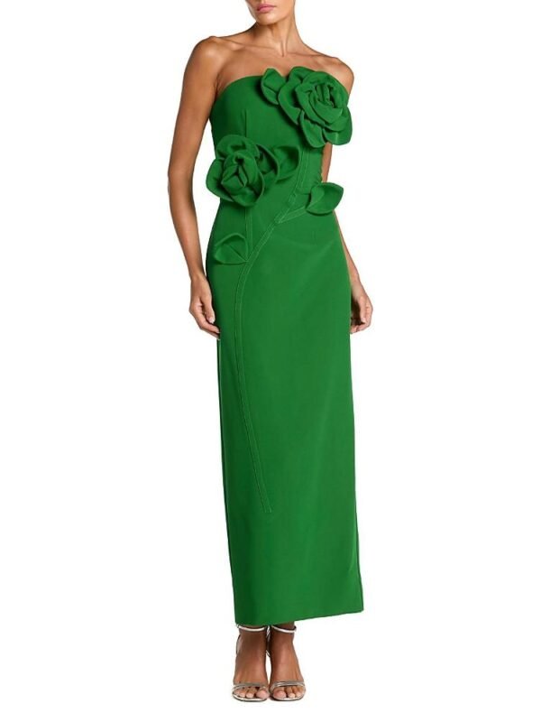 Mac Duggal Petite Crepe Strapless Midi Dress with 3D Flower Detail