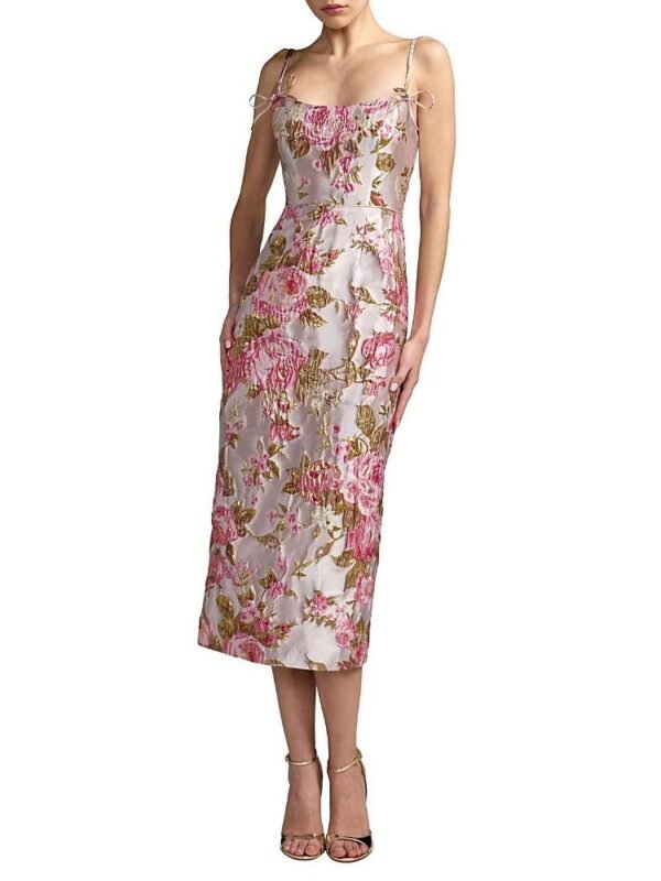 Mac Duggal Petite Floral Brocade Midi Dress with Bow Tie Straps