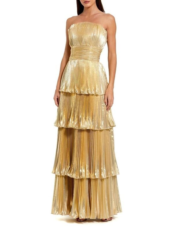Mac Duggal Petite Strapless Pleated Metallic Layered High Low Gown