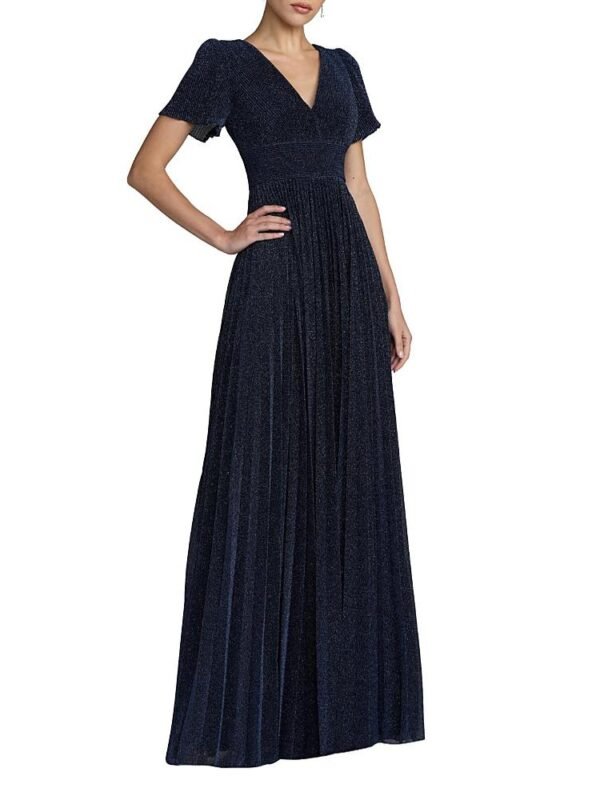 Mac Duggal Petite Pleated Metallic Flutter Sleeve A Line Gown