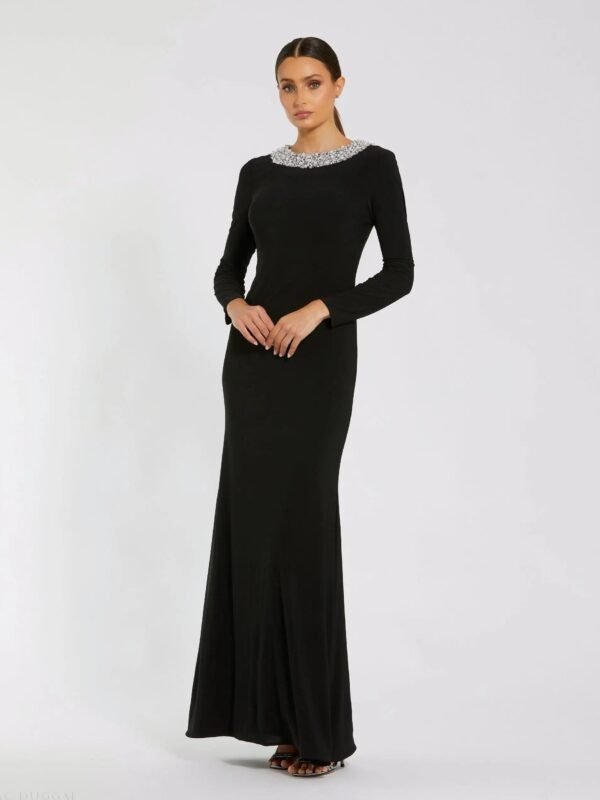 Black Long Sleeve Embellished High Neck Jersey Gown