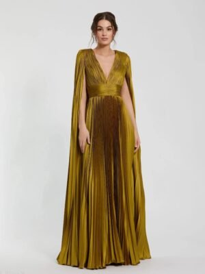 Green Pleated Charmeuse V Neck Gown With Cape