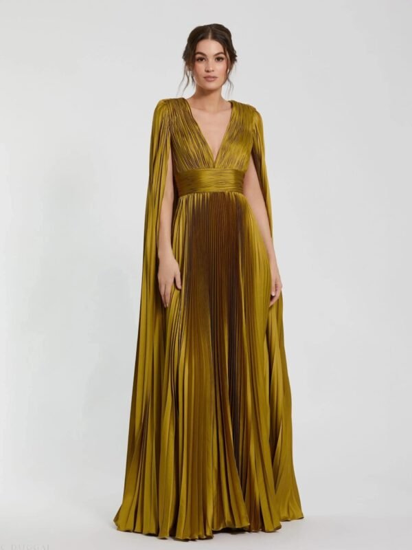 Green Pleated Charmeuse V Neck Gown With Cape