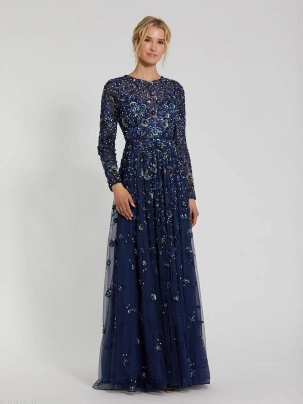 Navy Embellished High Neck Long Sleeve A Line Gown