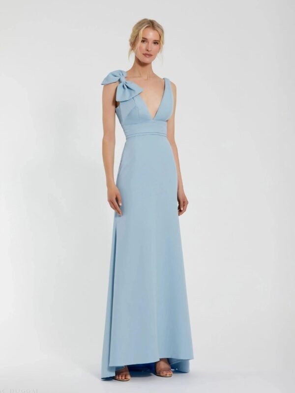 Blue Sleeveless V Neck Bow Detail Mermaid Gown