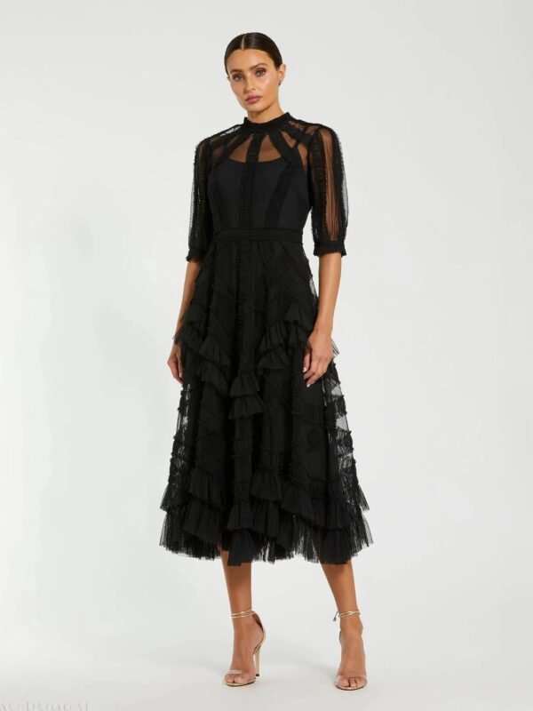 Black High Neck Ruffle Tiered A-Line Midi Dress