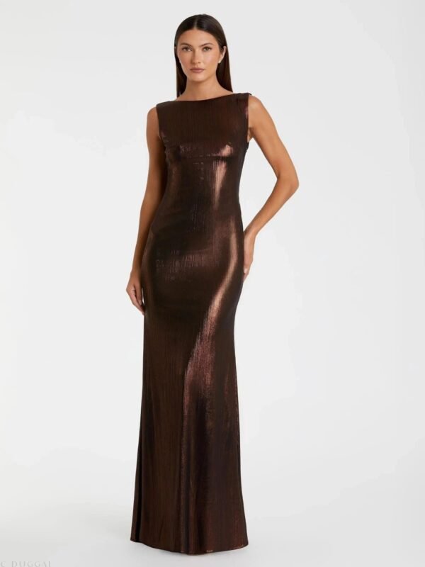 Brown Metallic Jersey Cowl Back Column Gown