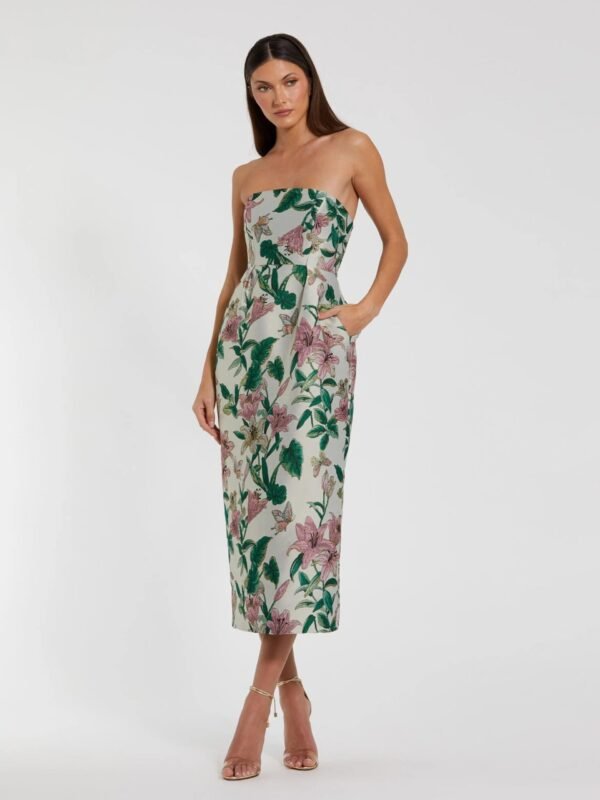 Multicolor Floral Brocade Strapless Fitted Midi Dress